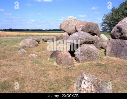 Un dolmen ou un lit à chants est un type de tombeau mégalithique à chambre unique avec des mégalithes verticaux soutenant une grande pierre angulaire horizontale plate dans le village de Loo Banque D'Images