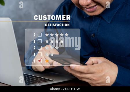 Mauvaise expérience utilisateur via un smartphone. Expérience client insatisfaite. Mauvaise note. Concept de rétroaction négative. Sélection d'une évaluation de notation 1 étoile dans les s. Banque D'Images