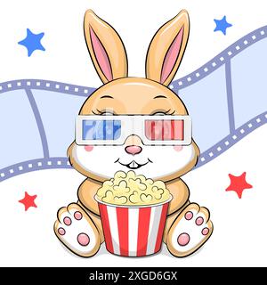 Mignon petit lapin de dessin animé dans des lunettes de cinéma 3d tient du pop-corn. Illustration vectorielle sur fond blanc avec pellicule et étoiles. Illustration de Vecteur