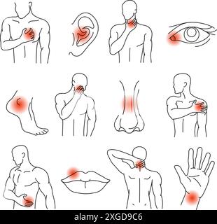 Types de douleur. Figures humaines et parties du corps avec des zones de douleur ou d'inconfort en évidence. Ensemble d'illustration vectorielle de dessin au trait. Illustration de Vecteur