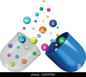 Pilule multivitaminée. Enveloppe de capsule ouverte avec granules de vitamines complexes colorés et granules minéraux. Complément nutritionnel isolé 3D. Médecine Illustration de Vecteur