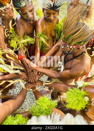 Six groupes différents de guerriers indigènes, batteurs et danseurs se produisent sur l'île de Kwato, en Papouasie-Nouvelle-Guinée, dans le Pacifique Banque D'Images