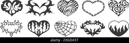 Formes de tatouage de coeur néo tribal. Coeurs de flamme chaude, chaîne d'amour, toile d'araignée et symboles de coeur à pointes. Ensemble vectoriel de stickers romantiques gothique Y2K Illustration de Vecteur