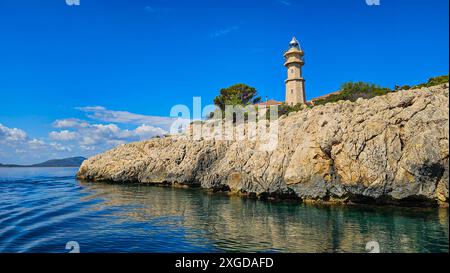 Phare sur la baie de Pollença, Majorque, îles Baléares, Espagne, Méditerranée, Europe Banque D'Images