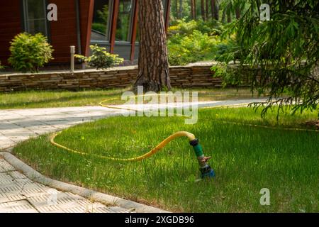 Un tuyau d'arrosage jaune vif sur une pelouse verte luxuriante, relié à un arroseur vert arrosant doucement l'herbe, améliorant la beauté de l'espace extérieur Banque D'Images