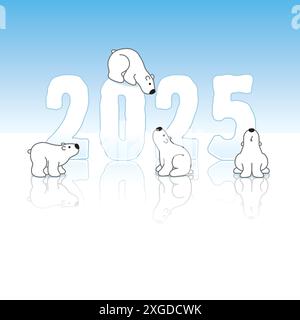 Quatre mignons ours polaires et sculpture glacée du nouvel an 2025 avec reflets sur fond bleu glace Illustration de Vecteur