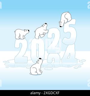 Quatre ours polaires Balancing on Ice sculptures des années de fonte 2024 changeant en 2025 dans un Puddle froid Illustration de Vecteur