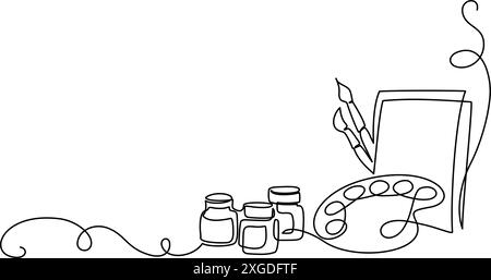 Pinceaux, palette de peinture, peintures et toile. Dessin continu sur une ligne Illustration de Vecteur