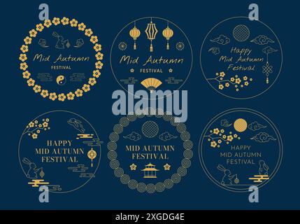 Carte de voeux pour le festival de mi-automne. Badges de célébration chinois traditionnels avec lanternes asiatiques, lapins dorés et lune avec nuages. Vacances Chuseok Illustration de Vecteur