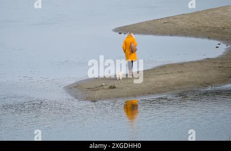 Femme marchant avec un chien sur la rive de la rivière Drava Banque D'Images