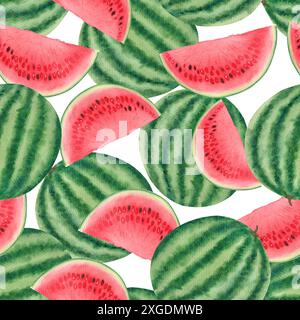 Pastèque entière, tranche juteuse avec quelques graines. Motif sans couture d'aquarelle isolé sur fond blanc, dessiné à la main pour la conception alimentaire. Idéal pour Banque D'Images