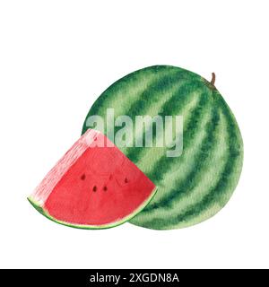 Pastèque entière, tranche juteuse avec quelques graines. Composition d'aquarelle isolée sur fond blanc, dessinée à la main pour la conception alimentaire. Paquets, jus Banque D'Images