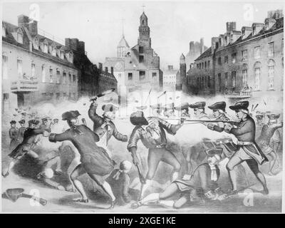 Le massacre de Boston (connu en Grande-Bretagne sous le nom d'incident sur King Street[1]) est une confrontation à Boston le 5 mars 1770, au cours de laquelle neuf soldats britanniques ont tiré plusieurs coups de feu sur une foule de trois ou quatre cents personnes Banque D'Images