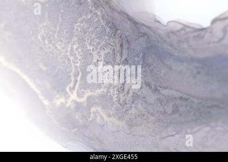 Une vue rapprochée d'une encre argentée tourbillonnant sur un fond blanc, créant un motif fascinant de formes et de textures abstraites Banque D'Images