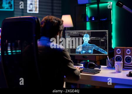 Ingénieur logiciel discutant avec une IA sensible devenant superintelligente, gagnant une forme humanoïde. Spécialiste informatique parlant avec l'intelligence artificielle consciente de soi transcendant à la structure supérieure Banque D'Images