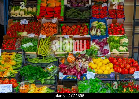 Loano Italie 21 juin 2014 : fruits et légumes affichés dans la boutique avec les prix de vente Banque D'Images