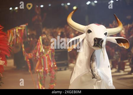 Les membres du groupe Boi Garantido bumba se produisent à Bumbodromo lors du 57e Festival folklorique Parintins, un événement culturel populaire et touristique en Amazonas Banque D'Images