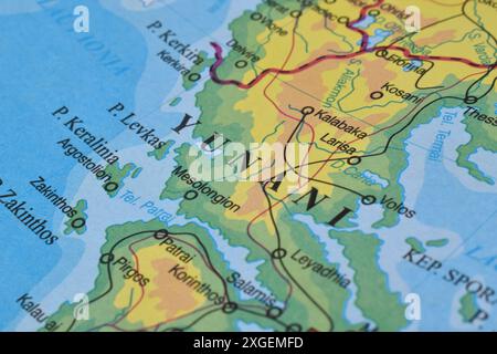 Grèce de la carte du monde. Gros plan et mise au point sélective. Concept de voyage Banque D'Images