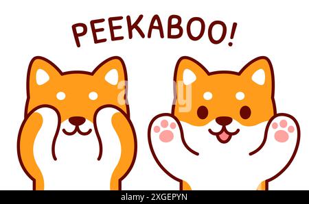 Mignon dessin animé Shiba Inu chiot jouant Peekaboo, se cachant et ouvrant le visage. Dessin simple de chien kawaii, illustration vectorielle. Illustration de Vecteur