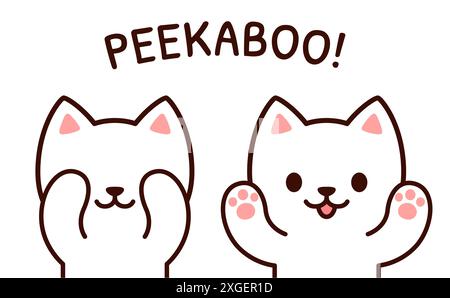 Chat de dessin animé mignon jouant Peekaboo, se cachant et ouvrant le visage. Dessin simple de chaton kawaii, illustration vectorielle. Illustration de Vecteur