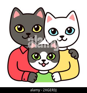 Dessin de portrait de famille de chat de dessin animé mignon. Papa noir, maman blanche et enfant de couleur mixte. Illustration vectorielle drôle. Illustration de Vecteur