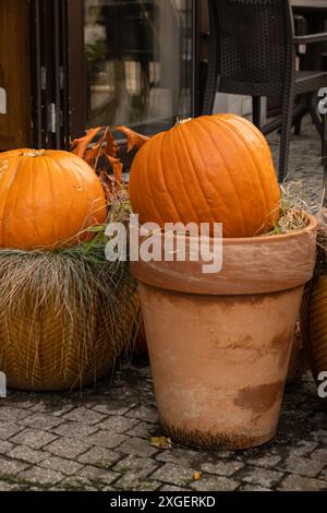 Halloween décoré café extérieur ou terrasse de restaurant en Amérique ou en Europe avec des citrouilles attributs traditionnels d'Halloween. Décoration de la cour pour la fête. Banque D'Images