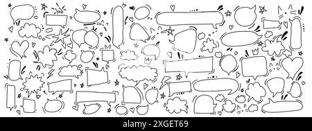 Messages de boîte de chat Doodle line Vector icônes paquet sur fond blanc. Jeu d'illustrations monochromes dessinées à la main par bulles de dialogue de dessin animé Illustration de Vecteur