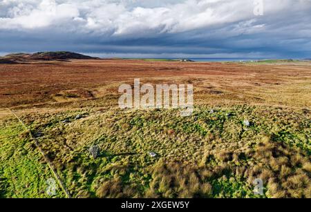 Cultoon cercle de pierre préhistorique sur landes à l'ouest d'Islay, Hébrides, Écosse. Sur les 15 pierres seulement 3 ont été érigées dans leurs alvéoles. Vue jusqu'au no Banque D'Images