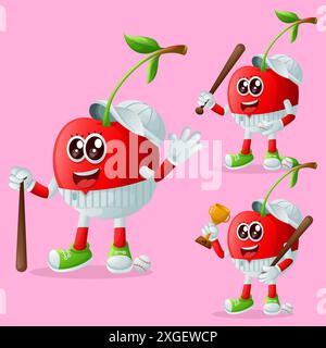 Ensemble de personnages mignons de cerise jouant au baseball. Parfait pour les enfants, la marchandise et l'autocollant, la promotion de bannière ou le blog Illustration de Vecteur