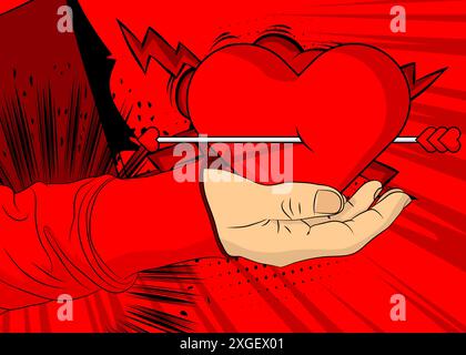 Dessin animé, bande dessinée mains humaines tenant le coeur avec flèche. Design pop art de bandes dessinées vectorielles rétro. Illustration de Vecteur