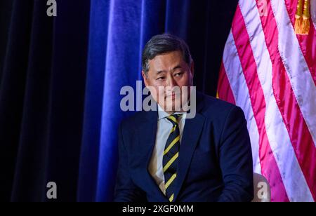 Washington DC, États-Unis. 8 juillet 2024, Washington DC, Washington DC, USA : JOHN Yoo, 56, le sous-procureur général adjoint des États-Unis prend la parole à la Conférence nationale conservatrice à Washington, DC, lundi. John Choon Yoo est professeur de droit Emanuel Heller à l'Université de Californie à Berkeley. Il est également Senior Fellow non résident à l'American Enterprise Institute et invité à la Hoover institution de l'Université Stanford. Crédit : ZUMA Press, Inc/Alamy Live News Banque D'Images