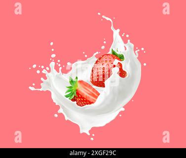 Fraise mûre dans la crème de lait ou boisson de yaourt éclaboussure, tourbillon de dessert éclaboussure avec des baies. vague réaliste de vecteur 3d avec des baies de fraises de jardin en blanc, liquide, yaourt laitier ou flux de cocktail Illustration de Vecteur