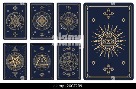 Cartes magiques de tarot avec des symboles astrologiques, mystiques, des signes occultes ésotériques dorés du soleil, pyramide, croix, œil visible, étoiles et motifs célestes. Sorcellerie de style Vector Boho, cartes spirituelles Illustration de Vecteur