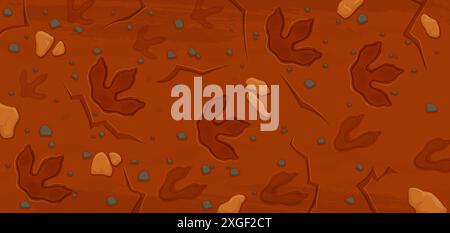 Empreintes fossiles de dinosaures de l'ère préhistorique. Fond vectoriel de dessin animé avec d'anciennes empreintes de pattes d'animaux de reptiles Dino. Jurassique archéologique et paléontologique trouvailles, impression de chemin de pieds sur un sol brun Illustration de Vecteur