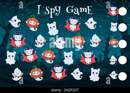 Halloween i Spy jeu quiz, personnages fantômes kawaii mignons. Activité de jeu de calcul pour enfants, jeu vectoriel de recherche d'objet ou feuille de travail d'énigme avec personnage drôle de fantômes sur fond de cimetière de nuit Illustration de Vecteur