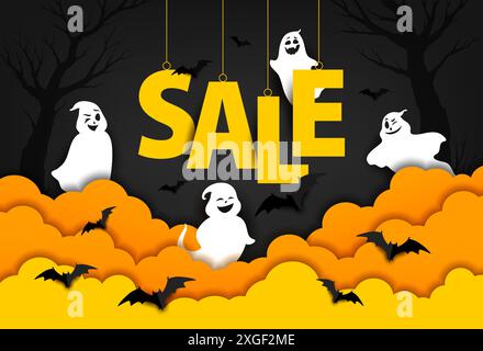 Bannière de vente coupée en papier d'Halloween avec des nuages, des fantômes et des lettres suspendues, fond vectoriel. Vente de vacances de nuit d'horreur d'Halloween et bannière de promotion de rabais avec des fantômes et des chauves-souris drôles de bouo effrayants Illustration de Vecteur