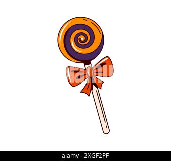Dessin animé rétro groovy sucette de vacances d'Halloween. Friandise vectorielle isolée, dessert caramel de couleur orange sur bâton avec arc rouge et motif de tourbillon. Pâtisserie festive sucrée et effrayante Illustration de Vecteur