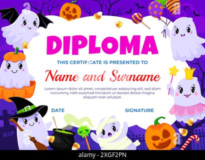 Diplôme pour enfants d'Halloween avec des fantômes kawaii mignons et des bonbons de vacances, certificat vectoriel. Diplôme d'éducation ou prix de graduation avec des fantômes de bouo de bande dessinée dans le chapeau de sorcière avec la citrouille effrayante et le chaudron Illustration de Vecteur