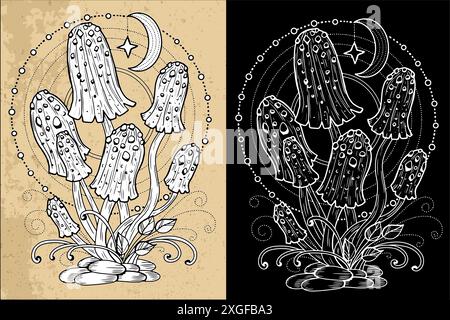 Champignons mystiques célestes noirs et blancs avec des éléments décoratifs magiques et floraux, lune et étoiles, symboles de sorcellerie. Ésotérique et sorcière o Illustration de Vecteur