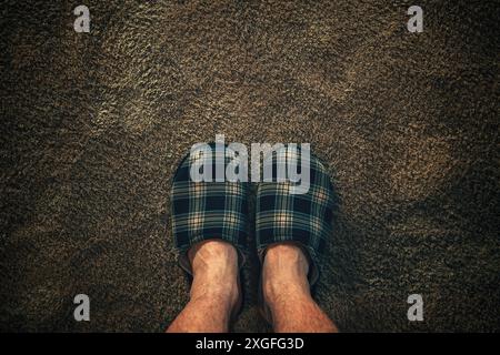 Une vue rapprochée des pieds d'une personne portant des pantoufles à carreaux bleues et vertes debout sur un tapis brun texturé, illustrant le confort et la convivialité en V. Banque D'Images