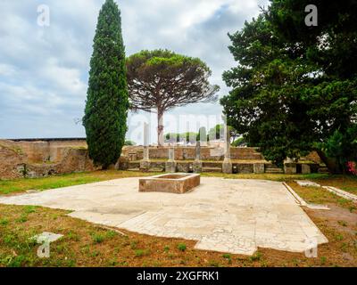 Macellum e Tabernae dei Pescivendoli - le Macellum est accessible depuis le Decumanus par une entrée avec des colonnes sur les côtés de laquelle, dans la première moitié du IIIe siècle après JC, deux tabernae (magasins) ont été créés, dotés de comptoirs pour la vente de poissons et de bassins en marbre. La salle de gauche conserve une mosaïque représentant un dauphin mangeant un calmar, avec l’inscription « Inbide te calco » (« créature envieuse, je te piétinerai »), car on pensait que les dauphins perturbaient la pêche.- Parc archéologique d’Ostie Antica, Rome, Italie Banque D'Images