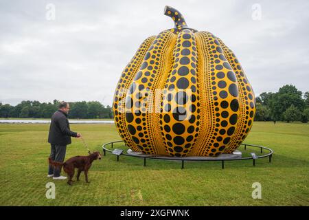 Londres, Royaume-Uni. 9 juillet 2024 . Pumpkin 24, une nouvelle sculpture à grande échelle de l'artiste japonais Yayoi Kusama est dévoilée dans les jardins de Kensington crédit : Amer Ghazzal/Alamy Live News Banque D'Images