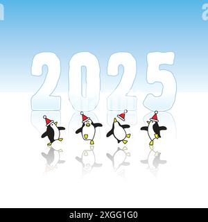 Quatre pingouins heureux portant des chapeaux de Père Noël dansant devant la sculpture sur glace de l'année 2025 Illustration de Vecteur