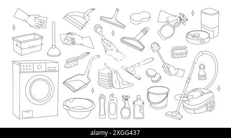 Fournitures de nettoyage mises en place dans le style dessin au trait et griffonnage Illustration de Vecteur