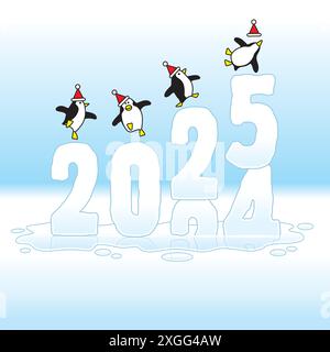 Quatre pingouins heureux portant des chapeaux de Père Noël dansant sur la sculpture de glace gelée représentant l'année 2024-25 qui change et qui fond Illustration de Vecteur