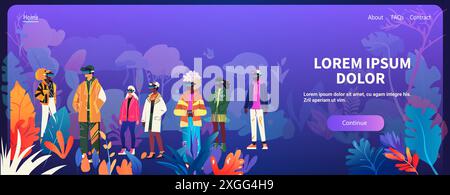 La réalité virtuelle de la communauté de groupe de personnes expérimentent diverses personnes portant des casques VR Headsets colorés feuillage fond de modèle de conception de site Web Illustration de Vecteur