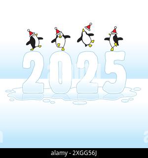 Quatre pingouins heureux portant des chapeaux de Père Noël dansant sur le dessus de l'année 2025 sculpture sur glace qui commence à fondre avec Blue Horizon Illustration de Vecteur