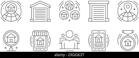 Agence immobilière recherche globale application mobile Medal fine line art icônes set illustration vectorielle. Propriété commerciale entreprise minimal pictogramme garage wa Illustration de Vecteur