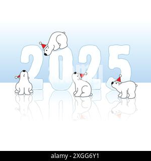 Quatre ours polaires mignons portant des chapeaux de Père Noël autour de la sculpture glacée du nouvel an 2025 avec des reflets sur un fond bleu froid Illustration de Vecteur