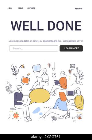 Concept de santé mentale les gens s'engageant dans une discussion de groupe entourée de bulles de chat et de plantes colorées modèle de site Web de conception minimaliste Illustration de Vecteur